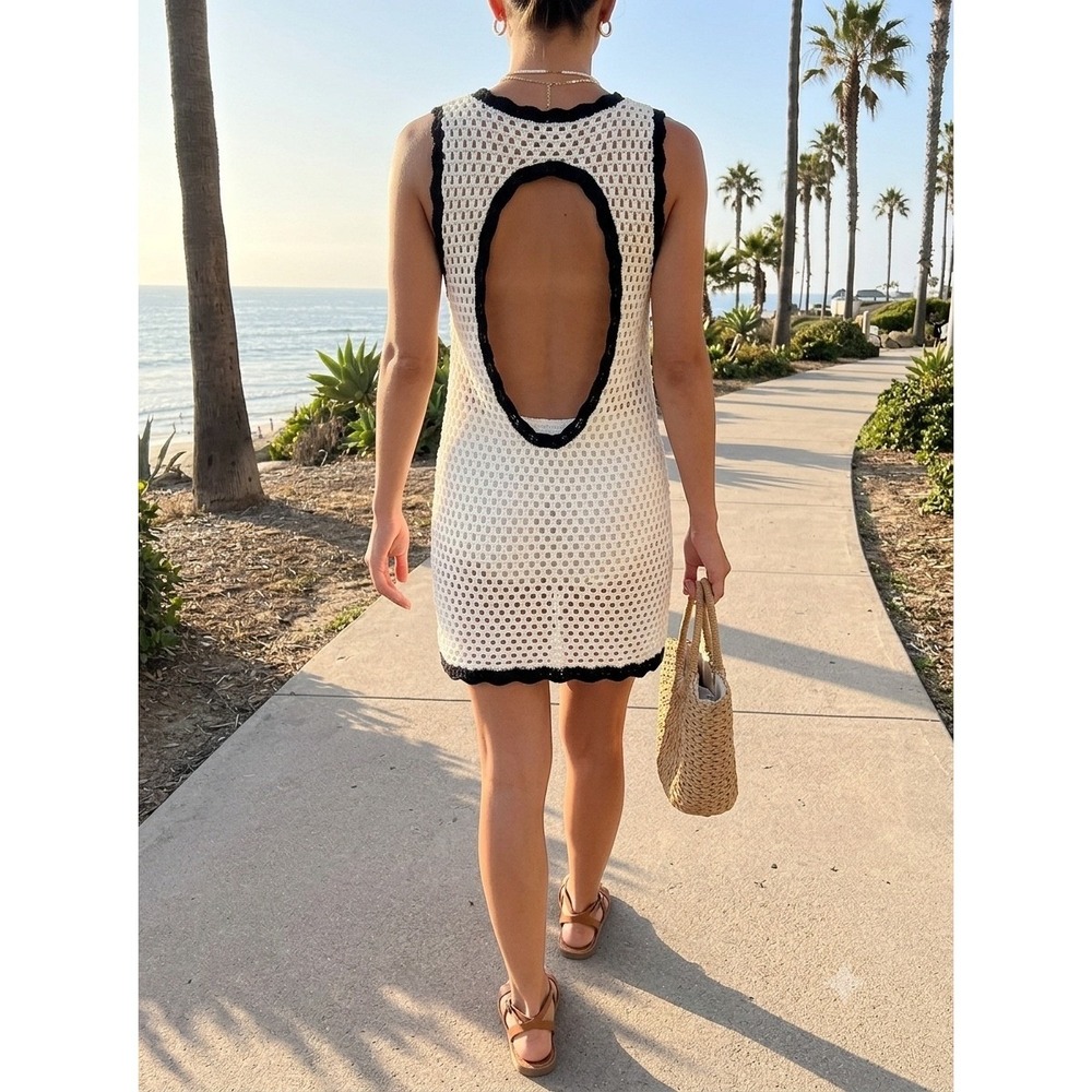 Crochet‎ Open Back Mini Dress White Black S Beach Vacation Coverup TL00100